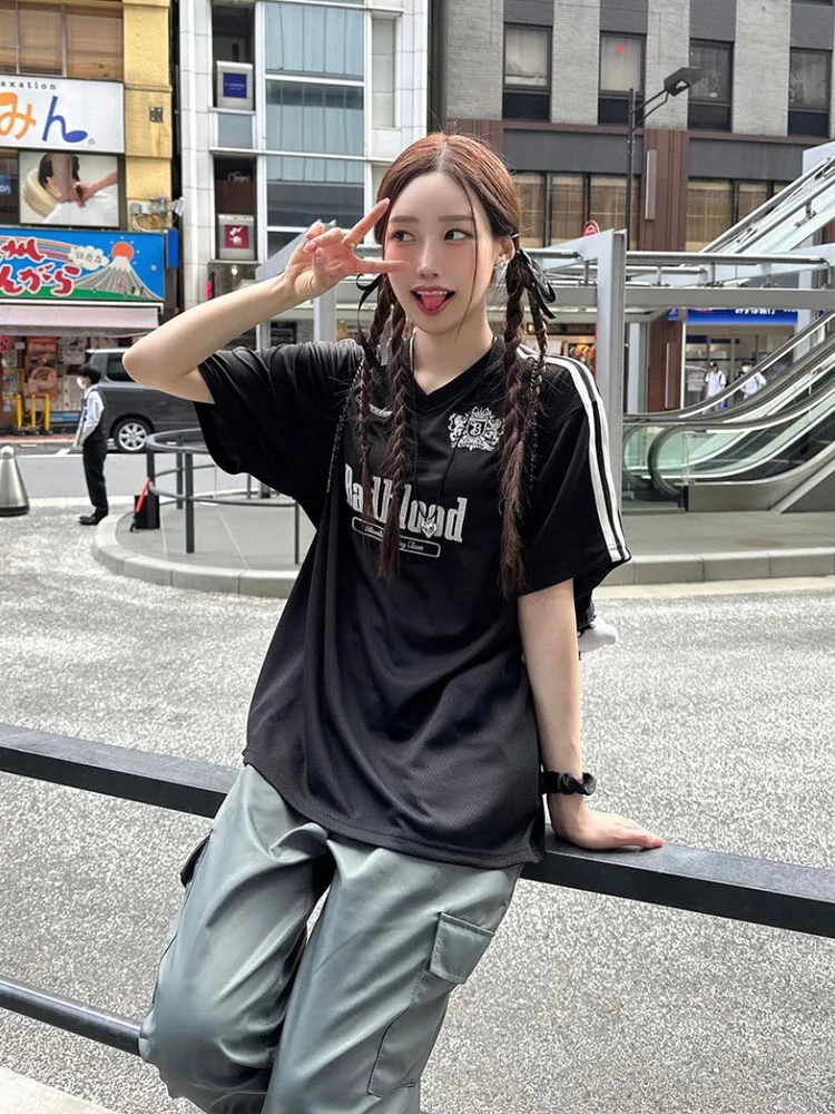 

Модный летний топ из полиэстера с V-образным вырезом и свободным кроем для женщин, в стиле American Yeriins