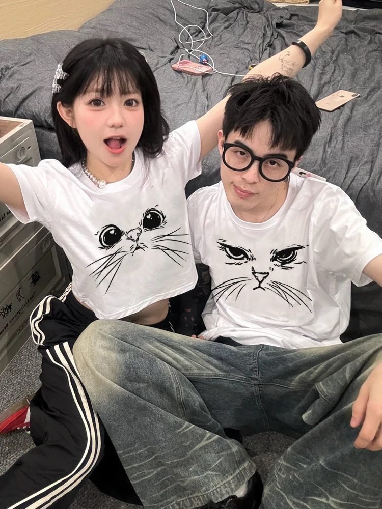 

Sexy Cat Print Print Matching Couple T-shirt Tee Set 100% Cotton Korean Style Men Short Sleeved Tshirt And Women Sexy Crop Top