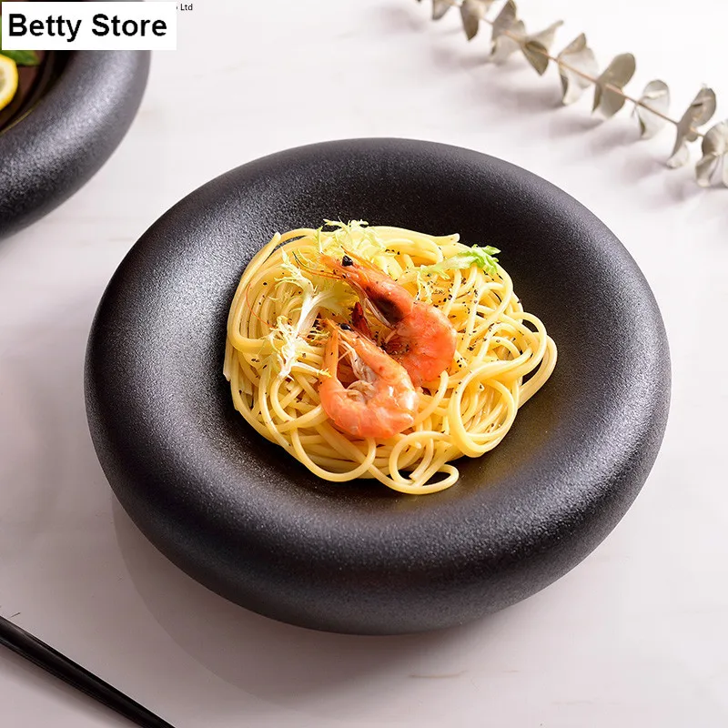 Japanese Style 9 Inches Dinner Set Plates and Dishes Matte Black Ceramic Dishes Round Deep Dish Pasta Plate Dishes Dessert Dish