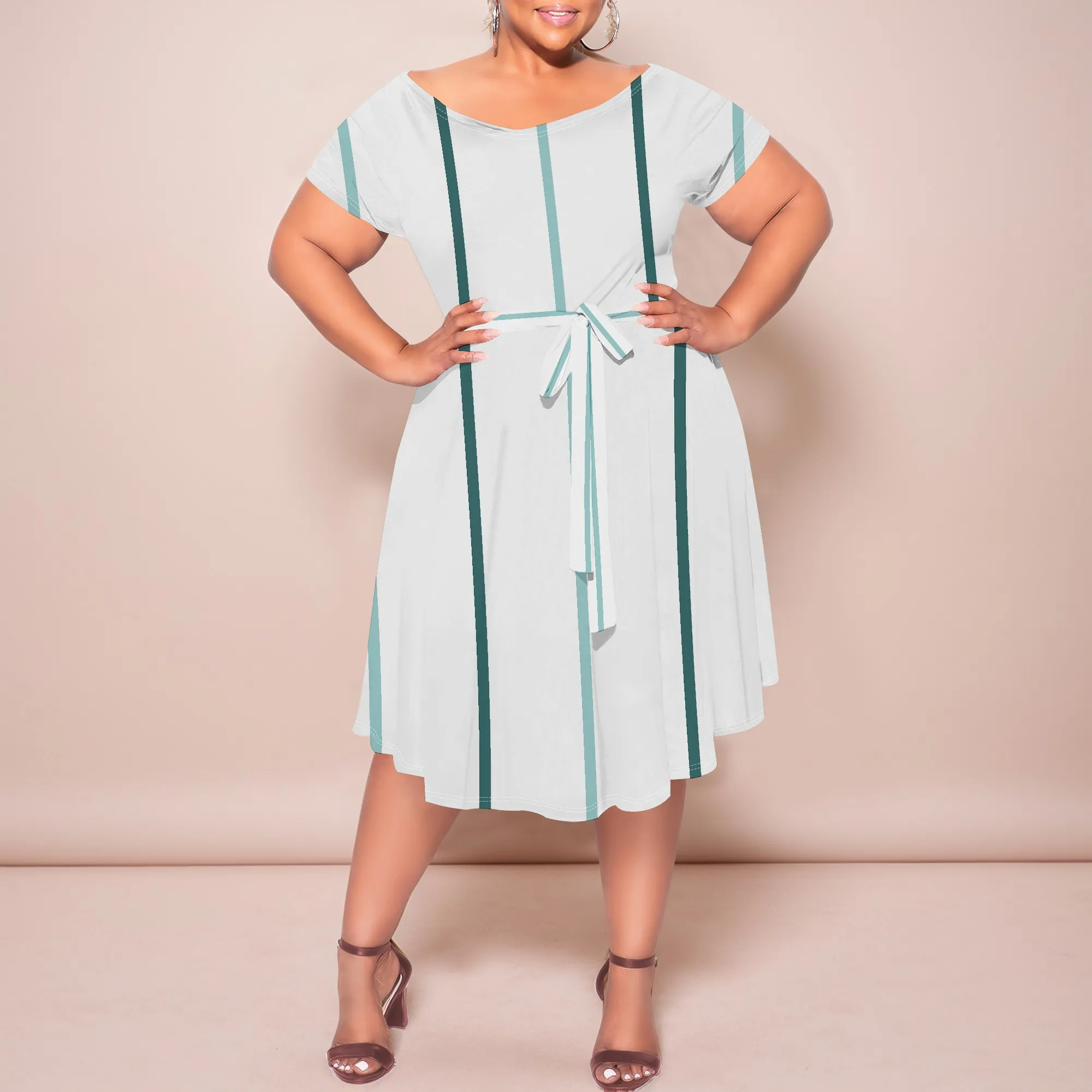 

Plus Size Women's Striped Dress, Off Shoulder V-Neck A-Line Midi Dress with Belt for Office & Casual Wear XL-6XL