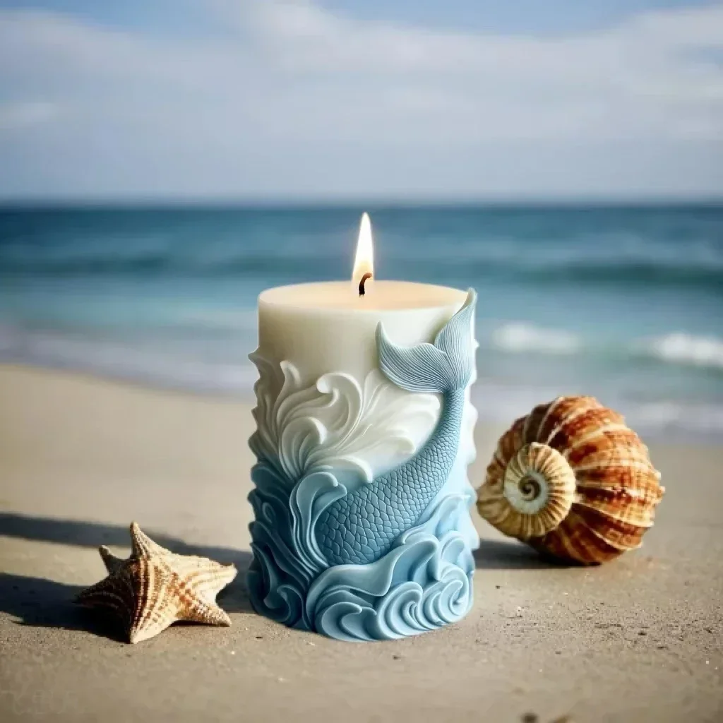 Ocean Wave Foam Cylindrical Candle Silicone Mold Whale Dolphin Relief Cylindrical Candle Mould Home Decor Gypsum Resin DIY Molds