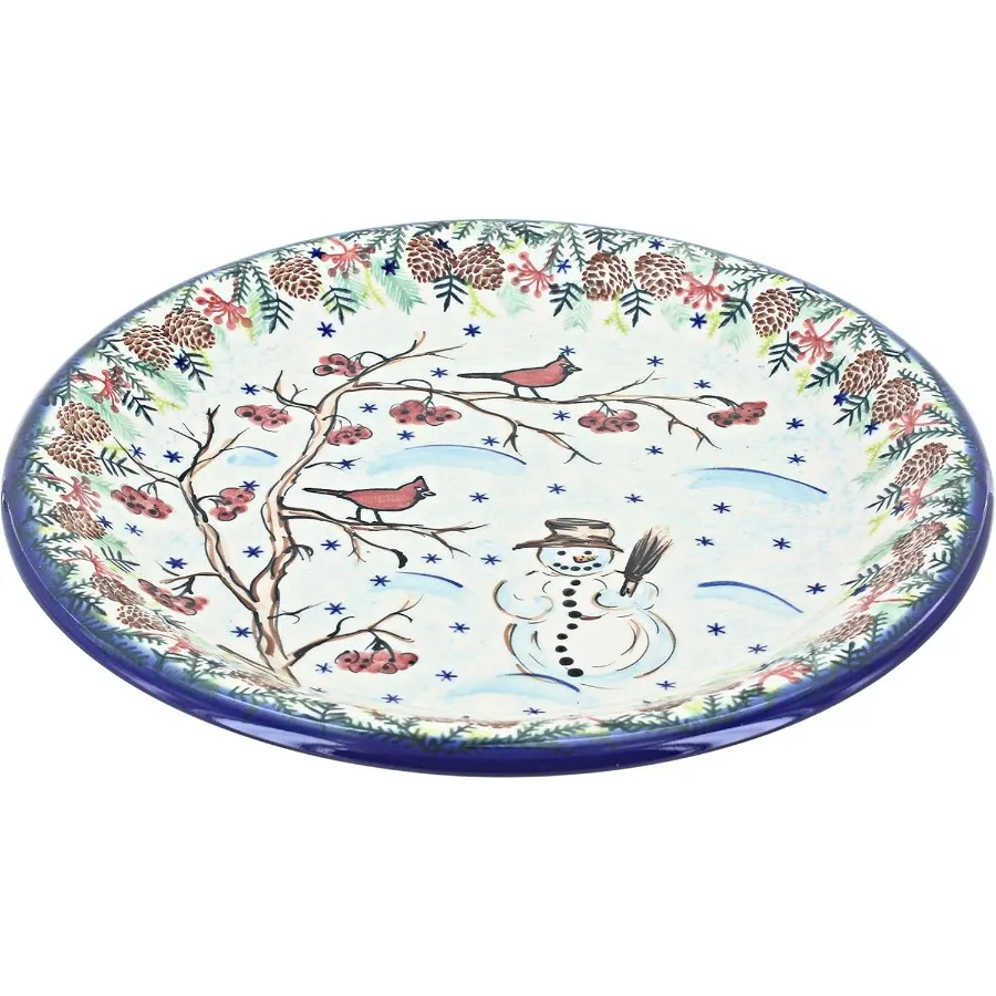 

Blue Rose Polish Pottery Blue Little Snowman Dinner Plate 10" Diameter Polish Pottery Dinner Plate Festive Design for Christmas