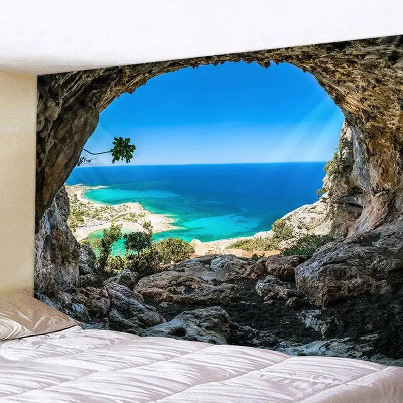 VIKAMA Coastal Cave Window View Tapestry Turquoise Ocean Blue Sky Cliff Nature Landscape Wall Hanging Bedroom Backdrop Decor
