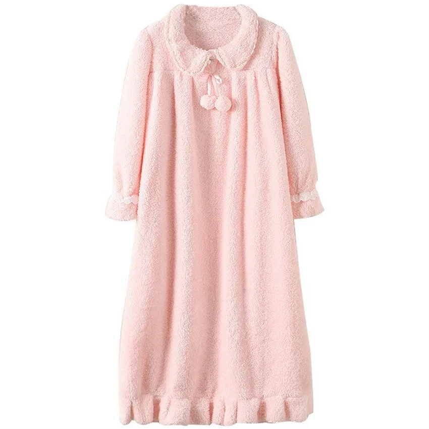 Autumn Winter Women Long Sleeve Nightgown Pink Flannel Nightgowns Girls Night Dress Sleepwear Cute Princess Coral Fleece