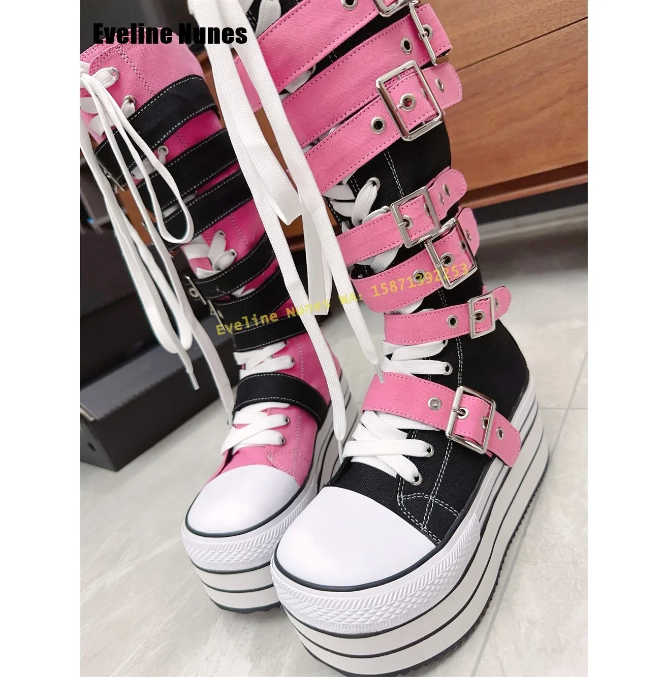 Y2K Canvas Platform Belt Buckle Long Boots Street Wasteland Style Punk 2025 Round Thick Sole Lace-Up Spicy Girl Knee High Boots