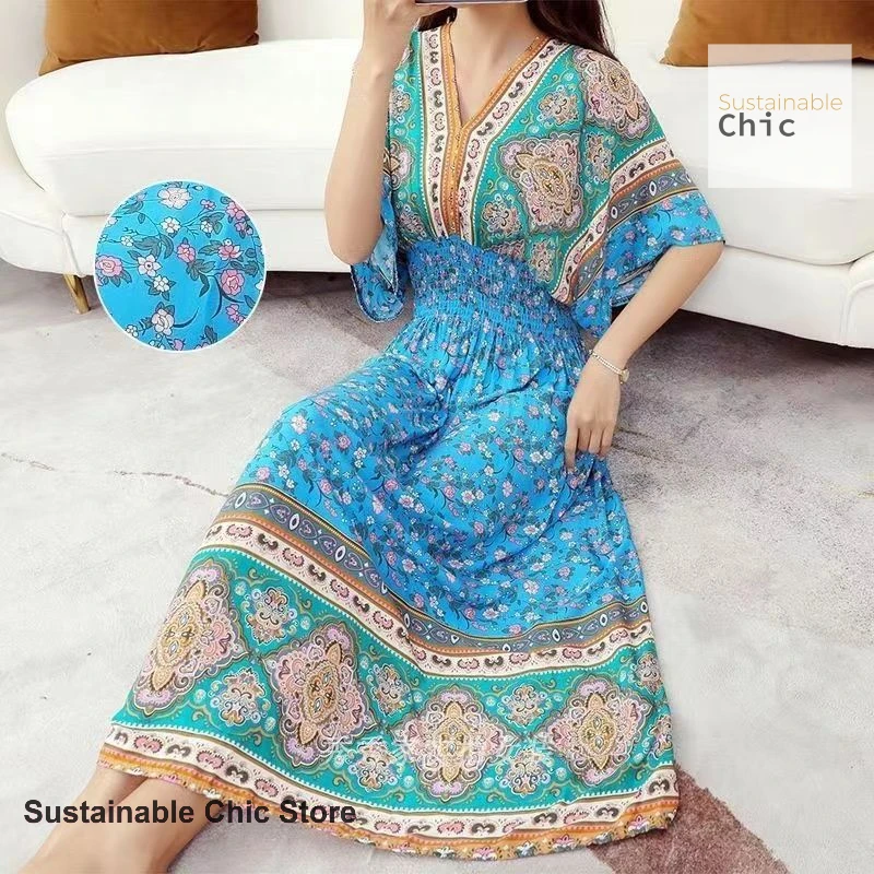 

French style Bohemian cotton silk floral dress women's spring and autumn new long V-neck beach skirt temperament holiday dress