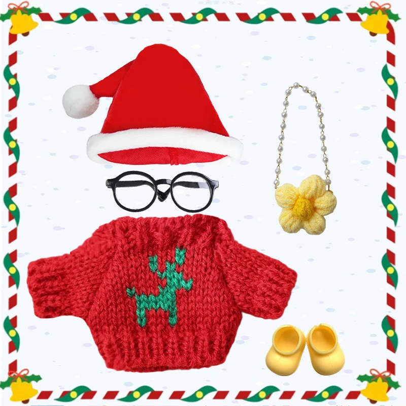 Ubranka dla lalek Labubu 15-17 cm, świąteczny zestaw: czapka, szalik, renifer, bałwan, mini pluszowa lalka, akcesoria, sukienka na Nowy Rok, prezent.