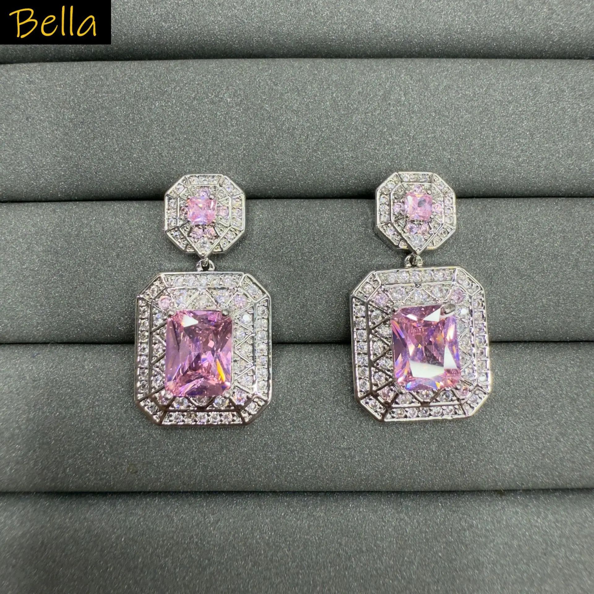 pink green white zircon earrings for women cute jewelry silver color square block dangling earrings female gift