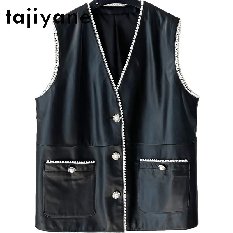 TAJIYANE Real Leather Jacket Women Vest Mid-length Coat Pearl Edge Veste Femme Sheepskin Jackets for Woman Jacket Black Jaqueta