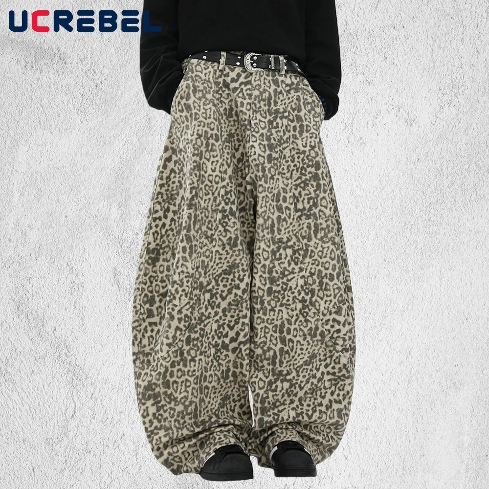 

Брюки-карго с леопардовым принтом в стиле ретро, мужские потертые потертые уличные мешковатые широкие джинсовые брюки-банан, мужские
