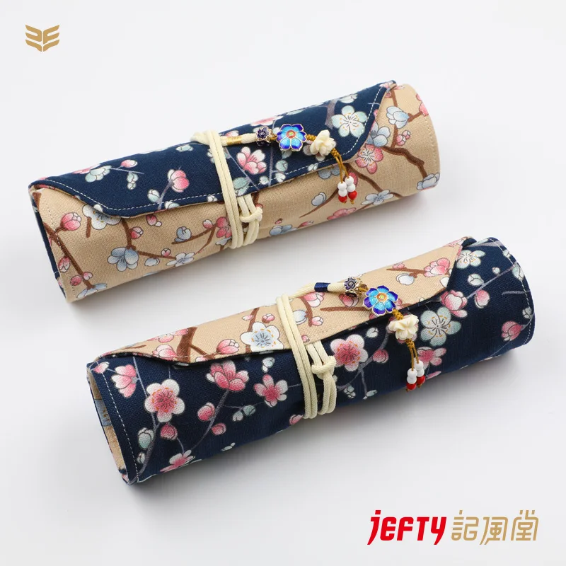 

5+1 Japanese Gold-painted Wintersweet and Wind Handmade Pen Bag, Suede Multi-pack Pen Storage Protection Curtain
