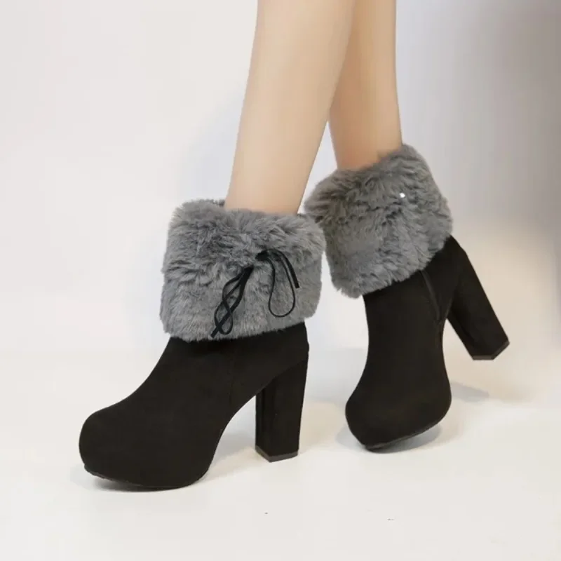 Womens Platform Ankle Boots Faux Fur Warm Winter Block High Heel Snow Thick Sexy Shoes Plus Size 4Colors New 2024