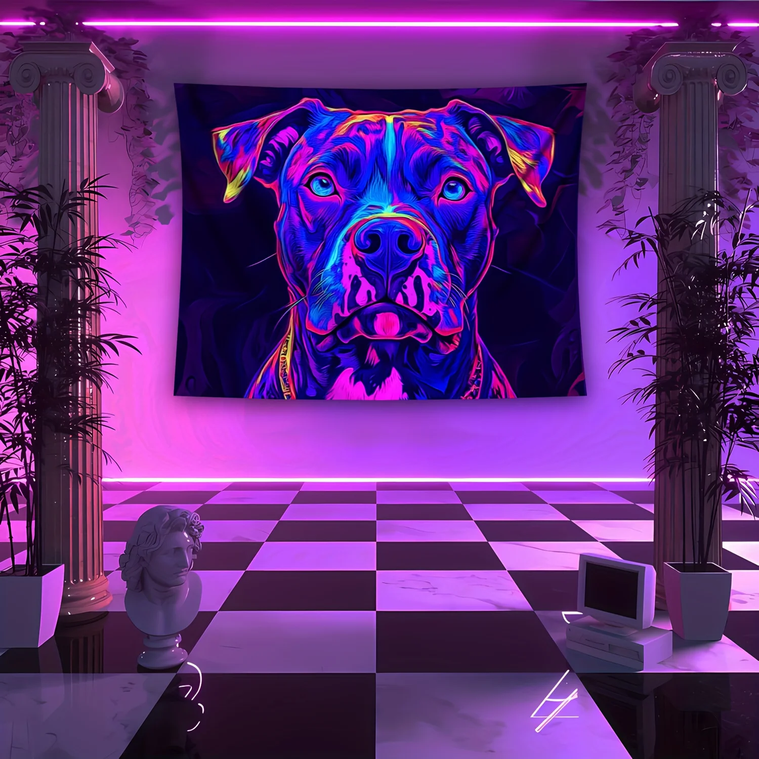VIKAMA Cyber Neon Dog Art Wandteppich, lebendiges Wohnzimmer-Dekor, trendiger Weltraum, Party-Akzent, Wohnzimmer-Funktion, Wand- und Raumdekoration