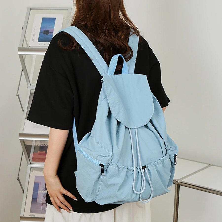 Nylon Multiple Pockets Flip Backpack for Outdoor Women Large Capacity Korean Style Drawstring Schoolbag Versatile Sports Bag Sac