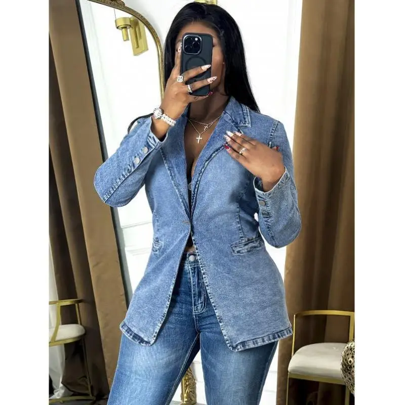 

Ele Stretchy Denim Suit Jaet for Women Cross-Border New Sle Faionable ort Outerwear for Middle-Aged Women