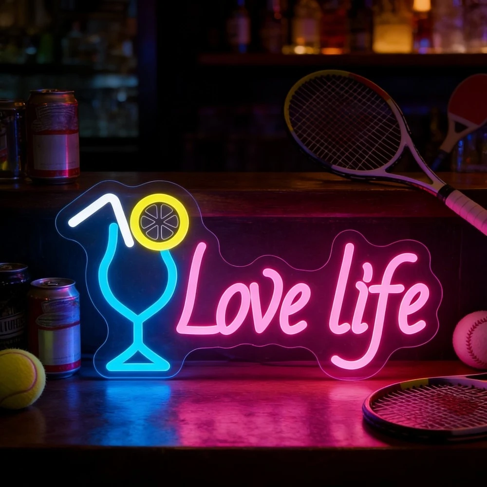 

Неоновая вывеска Love Life с регулируемой яркостью, светодиодная, с дизайном в виде коктейля, для паба, бара, мужской комнаты, игровой комнаты, патио, лаунж-зоны, домашнего декора, настенный декор