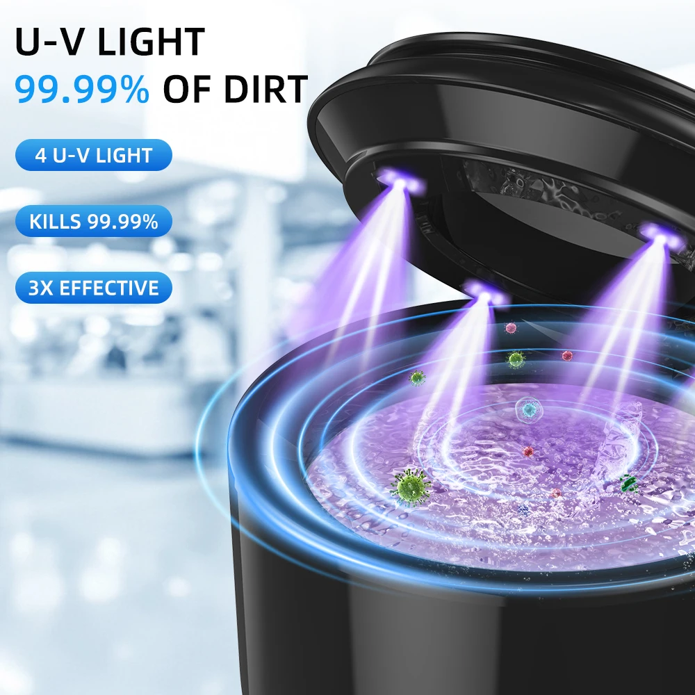 KUNPHY 48kHz Ultrasonic Retainer Cleaner Machine 200ML UV Denture Pod Cleaner 3 Modes with Battery USB for Aligner Jewelry More