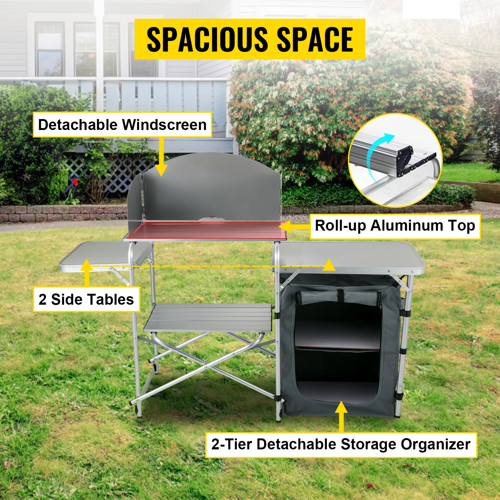 VEVOR กลางแจ้ง Camping โต๊ะในครัวแบบพกพาพับอลูมิเนียมปิกนิกตู้กระจกออแกไนเซอร์จัดเก็บปรับฟุต