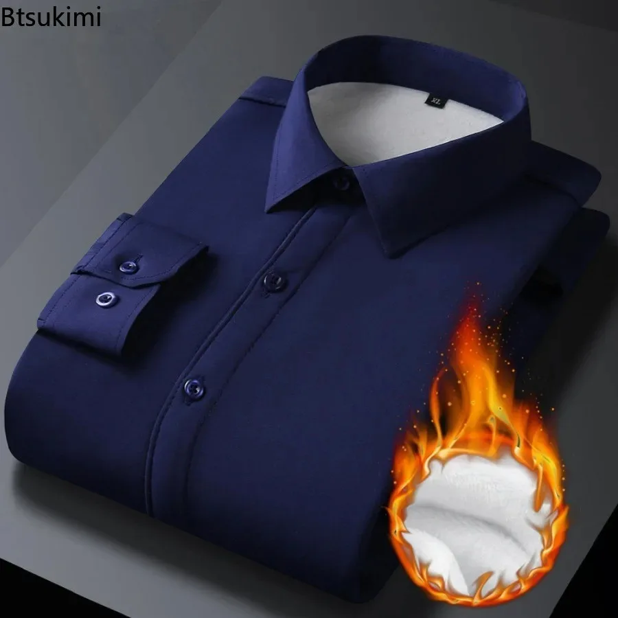 2026 Men\'s Autumn Winter Long Sleeve Shirts White Warm Fleece Stretch Shirt Formal Business Office Wear Dress Shirts Male M-5XL