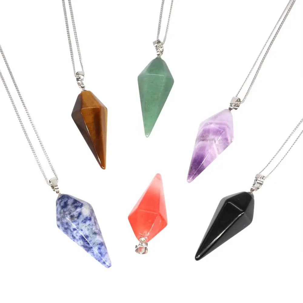 Natural Stone Necklace Hexagonal Pendulum Pendant Crystal Amethyst Healing Gemstone Women Charm Jewelry Gift