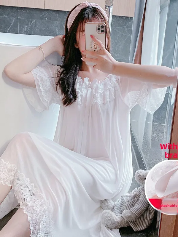 Sweet Princess Style Short Sleeve Sleepwear with Chest Pad Lace Trim Modal Fabric Comfortable Breathable Women's Nightgown
