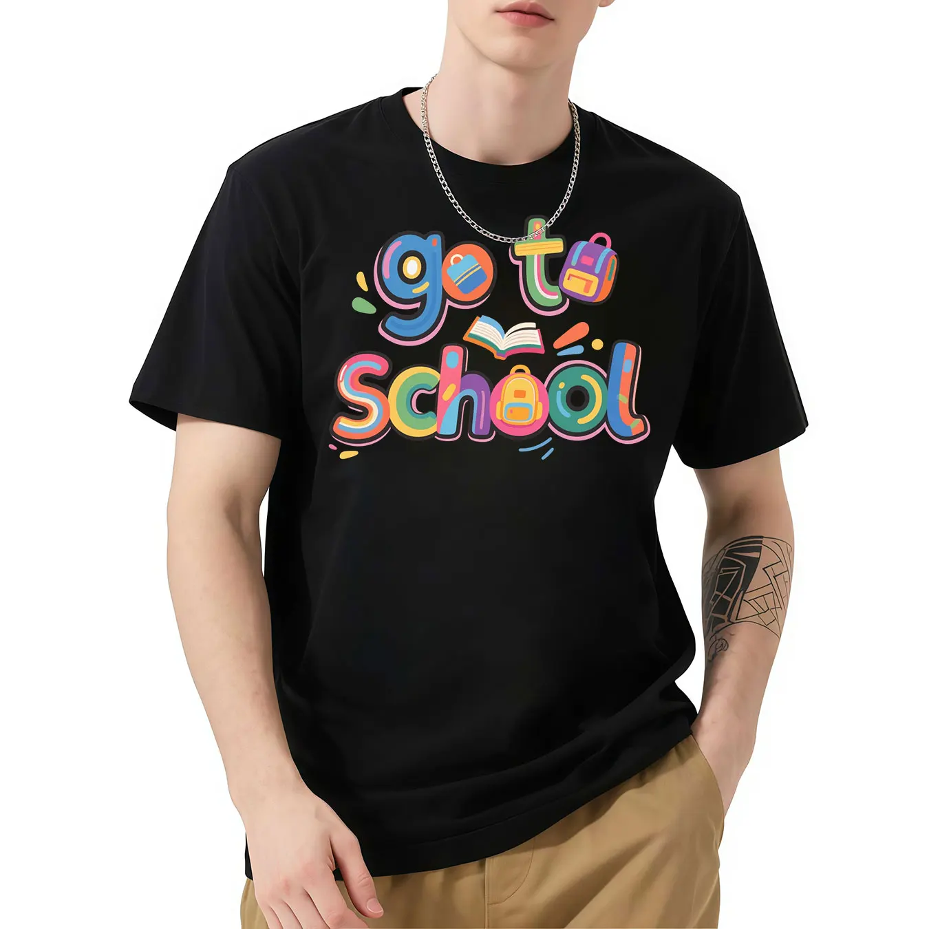 

“Go to School” Graphic T - Shirt, Short Sleeve, School - Themed Print, Colorful and Lively, Ideal for Students
