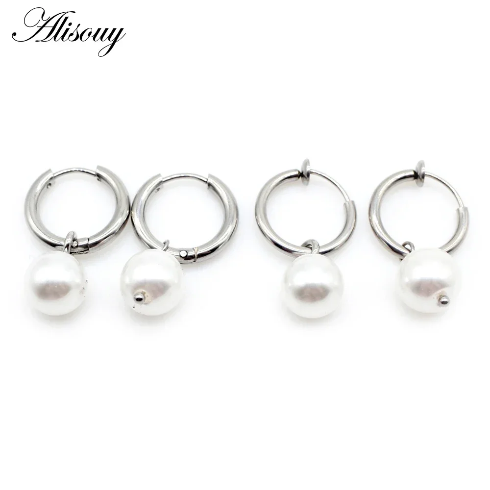 2 Pieces Imitation Pearl Dangle Stainless Steel Circle Ear Clip Hoop Earrings For Women Girls Round Non Piercing Ear Jewelry