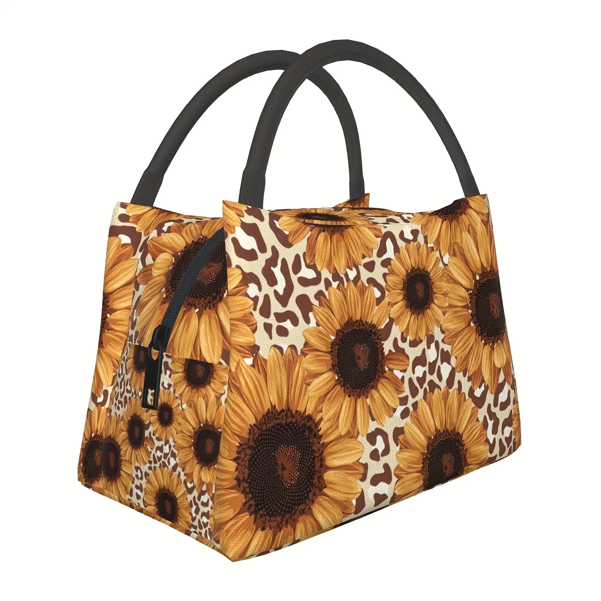 Sunflower Leopard Print Insulated Lunch Tote Reusable Large Cooler Bag for Office Work Travel Picnic