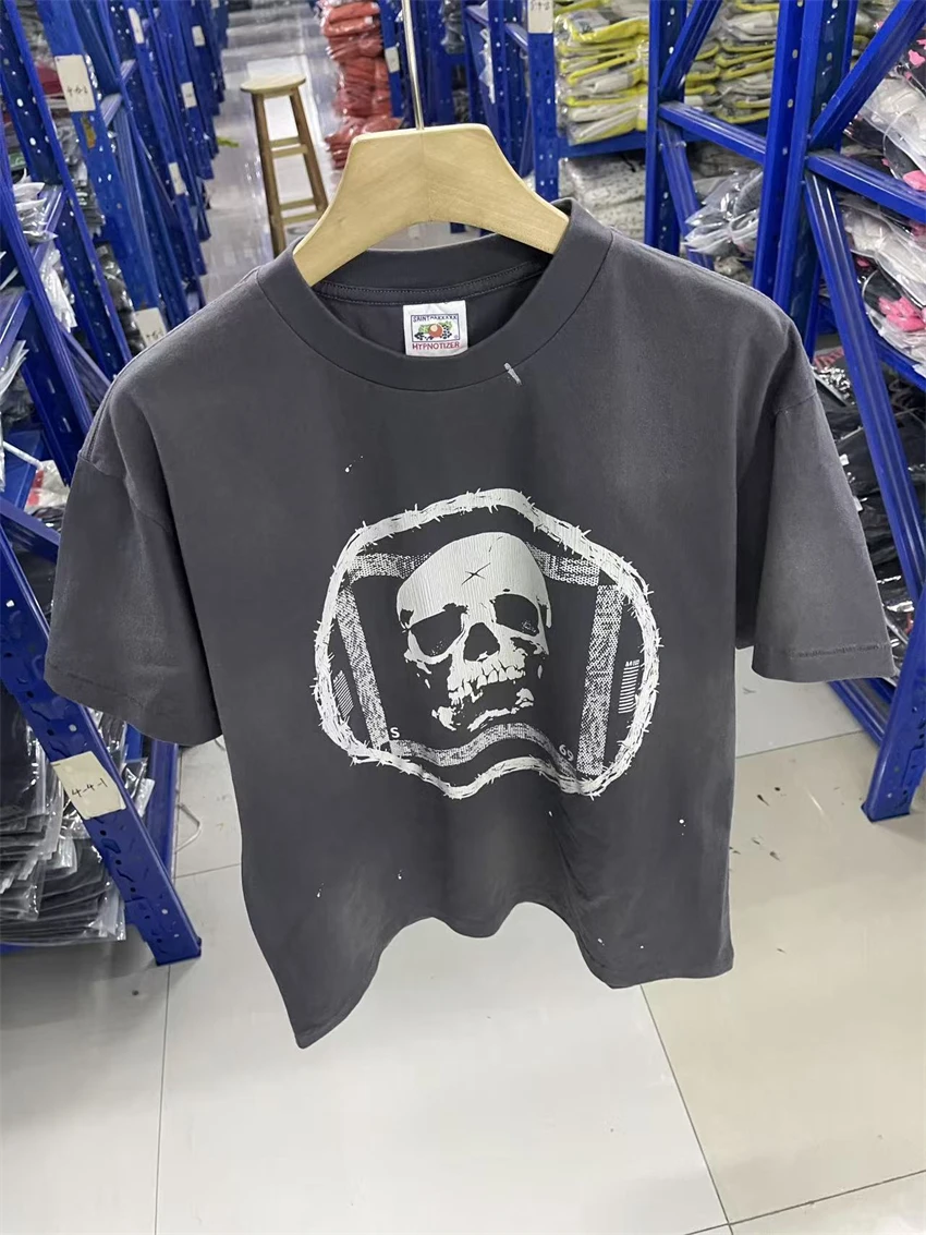 

New SAINT Circular Skull Pattern Printed Washed Retro Trendy T-shirt Pure Cotton Vintage Casual Street Oversize Short Sleeve