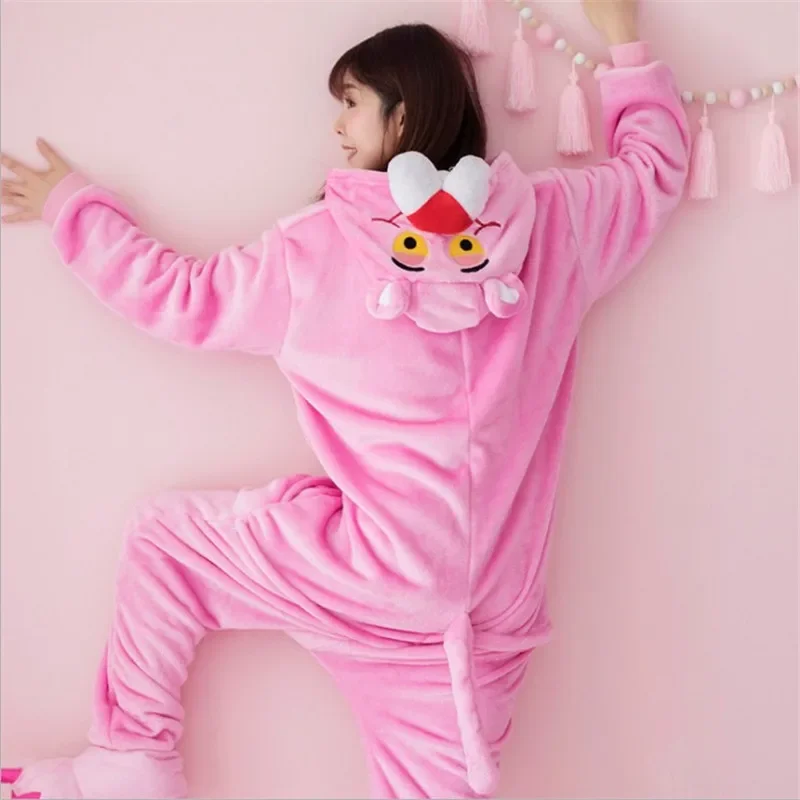 HKSNG Adult Pink Onesie Kigurumi Pajamas Flannel Cartoon Halloween Party Jumpsuits Pyjamas Suit Zipper Outfit Panther