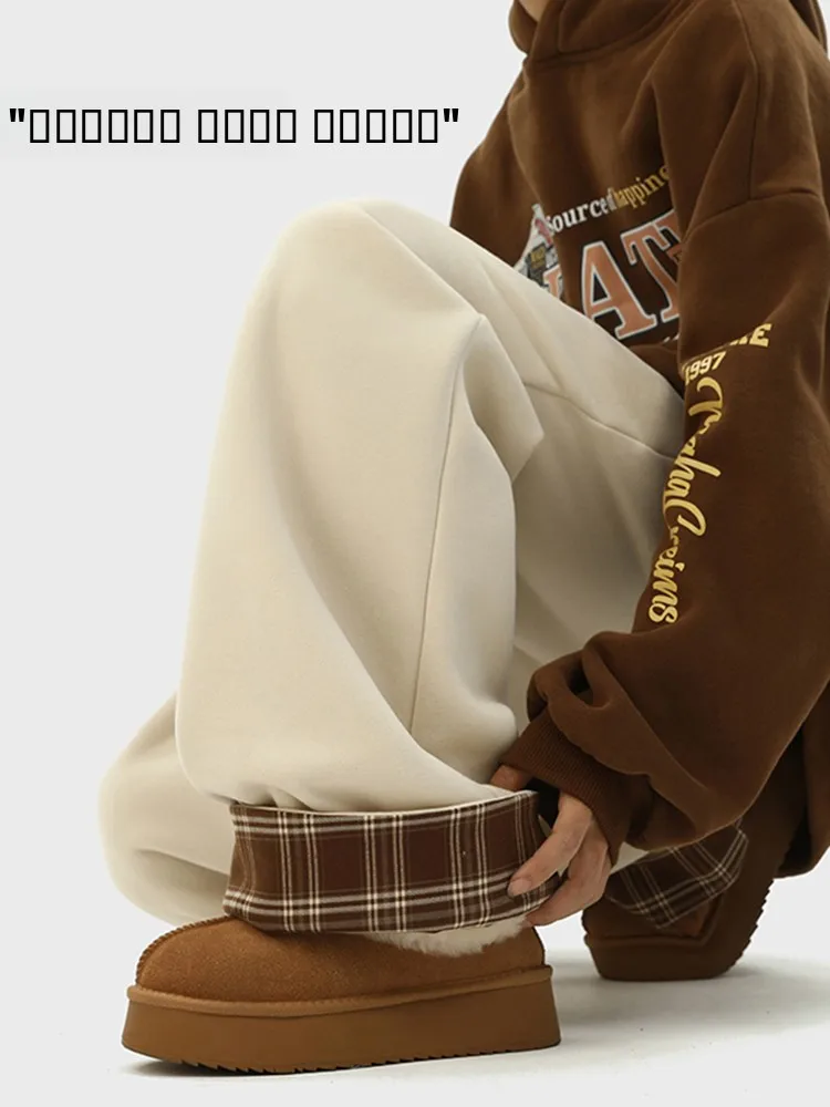 

Мужские утепленные брюки с капюшоном на флисовой подкладке, зима 2024, новые, в клетку, с вставками, свободные, в стиле BF, широкие, прямые, в стиле кэжуал