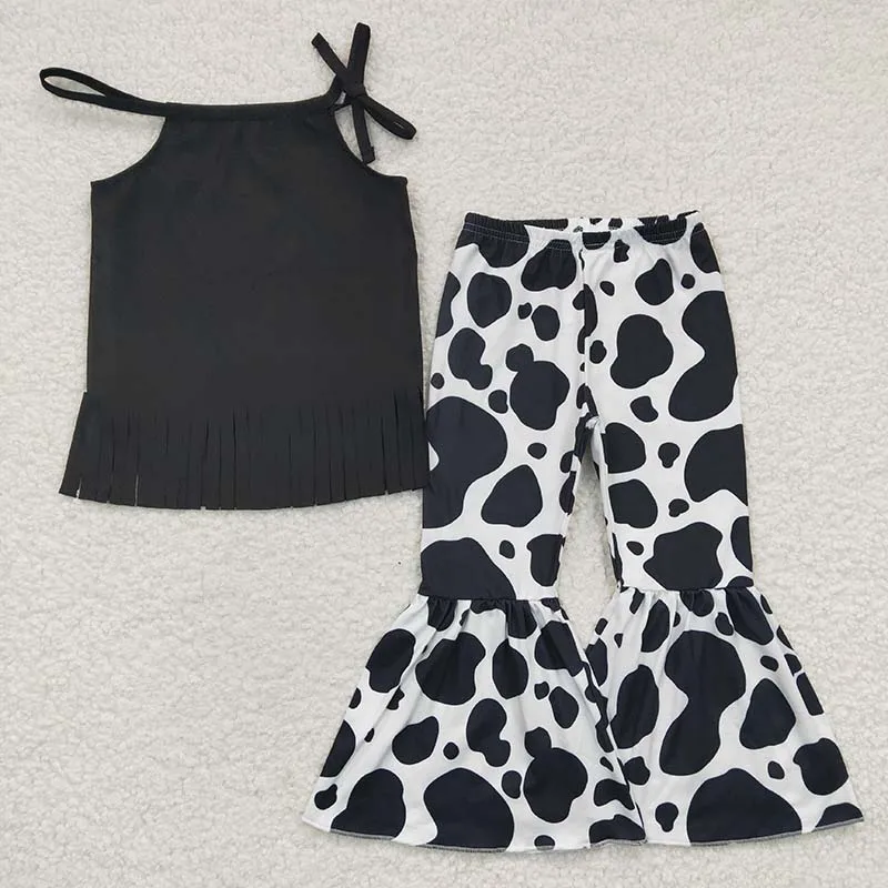 

Wholesale Toddler Western Outfit Baby Girl Black Tassel Halter Top Cow Print Bell Bottom Pants Spring Fall Children Kid New Set