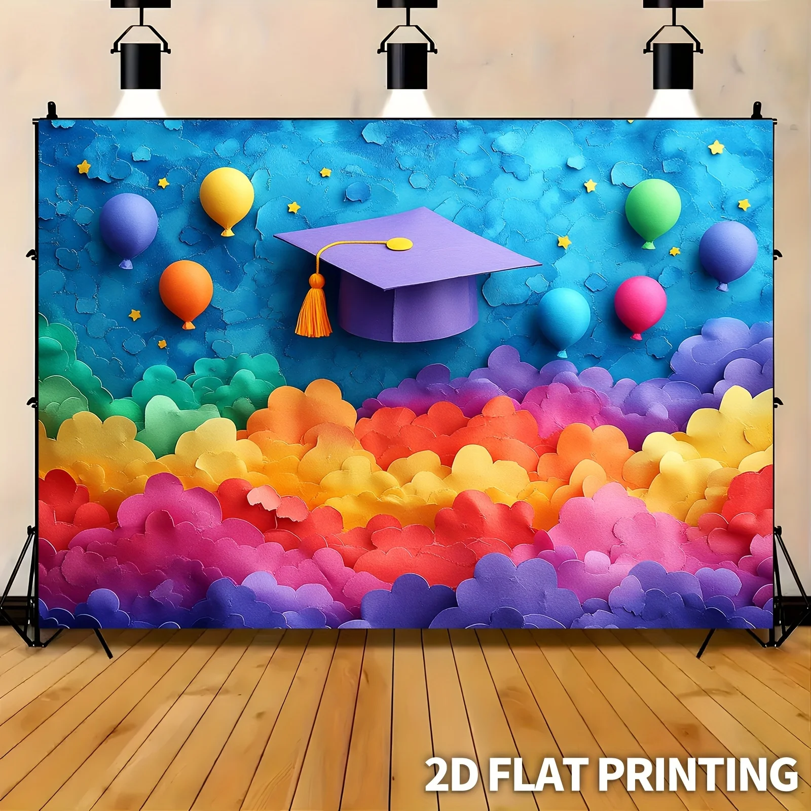 2D flat banners, 1 graduation cap, and a colorful balloon ba