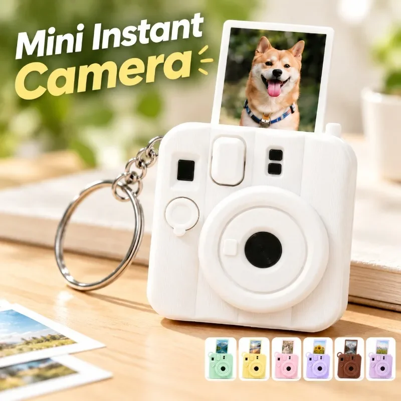 Mini Instant Camera Keychain, 3D Printed Photo Holder Press to Pop Cute Pendant, Creative Bag Charm Key Ring for Kids Adults