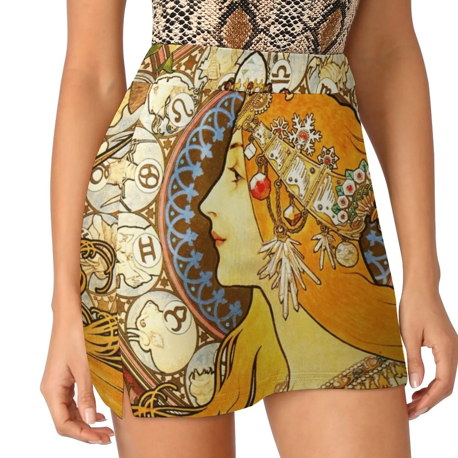 La Plume Zodiac-Alphonse Mucha Women's skirt Mini Skirts A Line Skirt With Hide Pocket La Plume Zodiac Alphonse Mucha Original