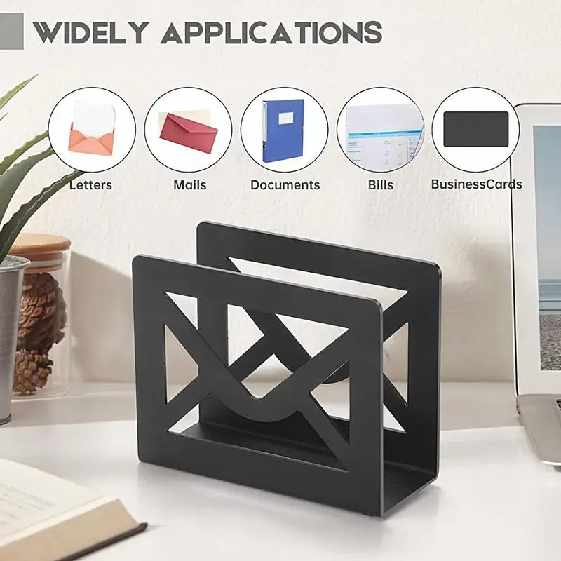 Mail Holder For Desk Black Letter Holder Desk Sorter Desktop Letter Organizer Document Storage Rack Modern Cutout Envelope