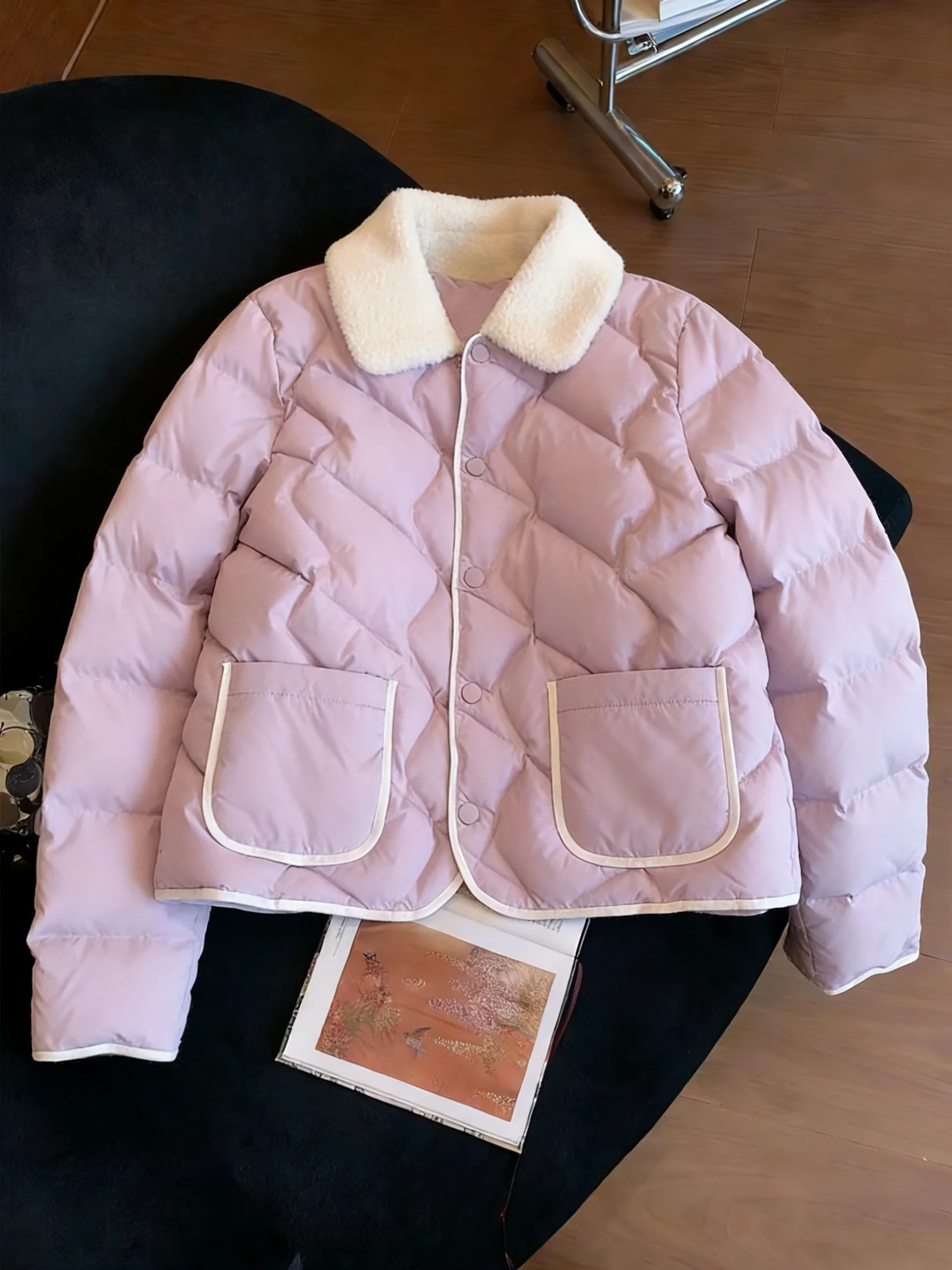 

Lamb Fur Collar Cotton Jaet Women's Loose Lightweight Faionable Autumn Winter Collar Single Button Closure Cotton Coat