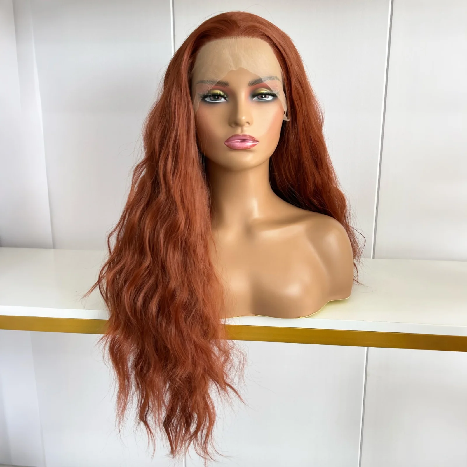 Auburn Long Curly Wavy Wig Synthetic Hair Free Part Copper Red Natural Wave Reddish Brown Heat Resistant Fiber Wigs for Women