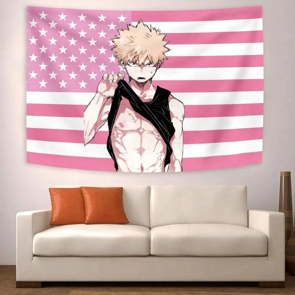 1pc Bakugo Katsuki Pink USA Flag Tapestry Polyester 2D Print Wall Hanging for Bedroom Living Room Decor Gift