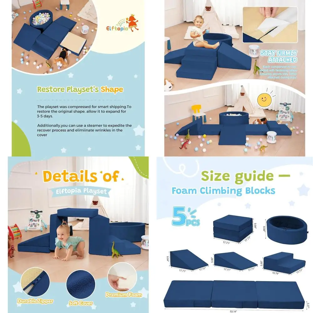 Toddler Soft Foam Climbing Blocks with Ball Pit and Stairs, Navy - Indoor Playset for Babies Aged 1-3