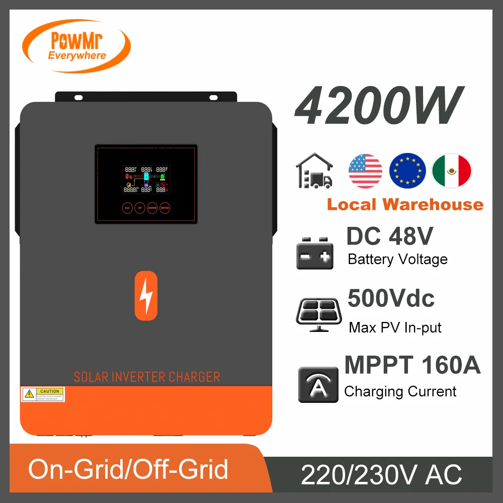 Inversor Híbrido On-grid Off-grid Mppt 4200w 24v dc com Controlador de Carregador Solar 120a 230v Saída e Painel Solar Max pv 500vdc