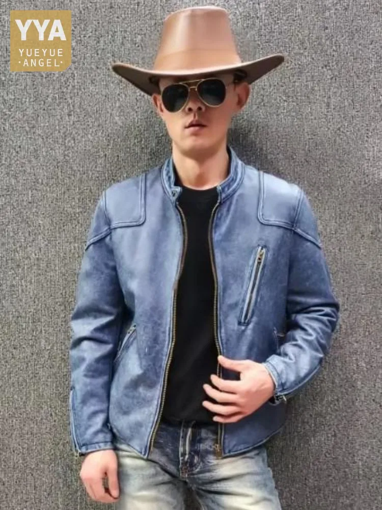 

High Street Style Top Quality Long Sleeves Genuine Leather Jackets Fashion Slim Zipper Pockets Male Retro Cowhide Outerwear