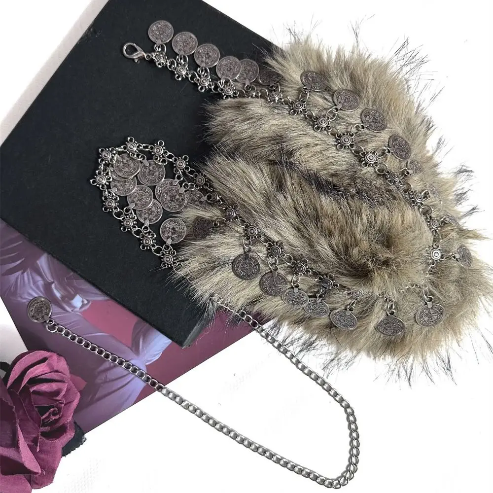 خمر العصرية تصميم فو الفراء أحزمة سلسلة معدنية الشرير فروي الربط حزام فتاة حار Y2K جولة عملة أحزمة وسط النساء الموضة