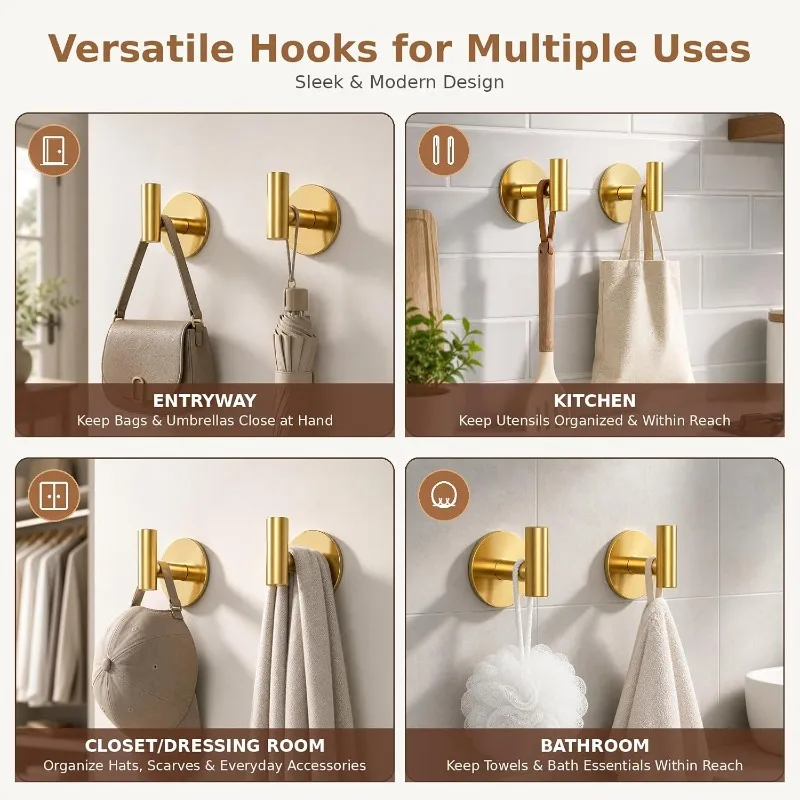 Stainless Golden Towel Hooks Waterproof Suitable for Bathrooms Shower Kitchen Wall-Mounted Robe Hooks with No Drill Installation