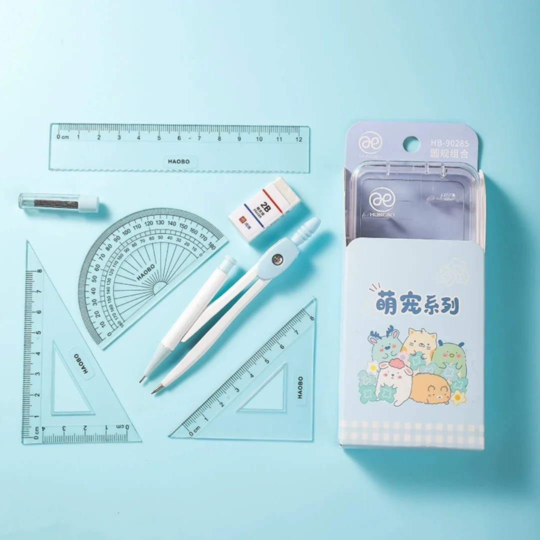 Cartoon Compass and Ruler Set Student Stationery Set Exam Specific Ruler Box Kit Classroom rewards Back To School Supplies