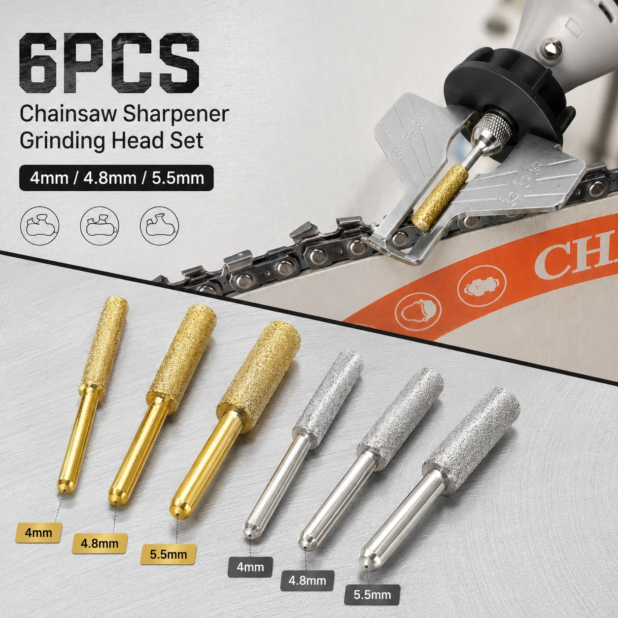 6PCS  Electric file grinding wheel grinding head set 4.0/4.8/5.5 mm diamond grinding wheel 3 mm handle saw chain teeth