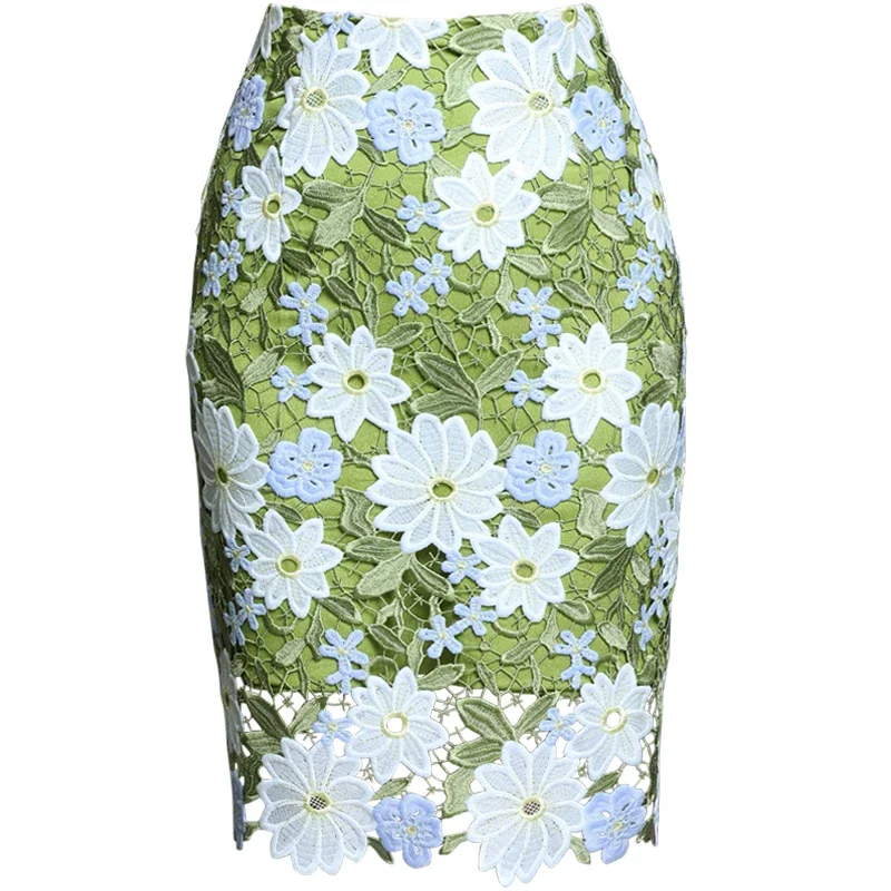 Green Floral-Embroidered Skirt High Quality Hollow Out Flower Lace Midi Skirt Elegant Holiday 2025 Summer New In Woman Clothing