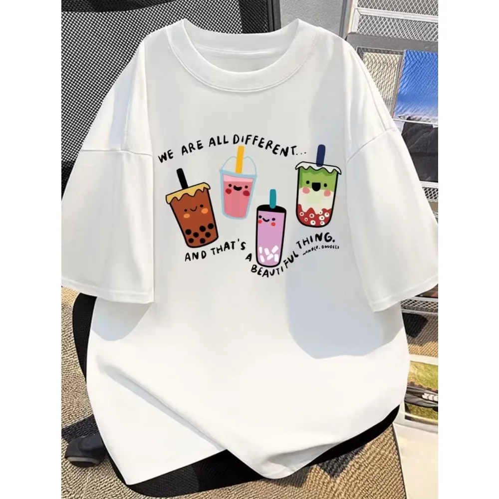 Camiseta de algodão de manga curta com estampa de chá com leite, unissex, para homens e mulheres, estilo casual, corte folgado, ideal para o dia a dia