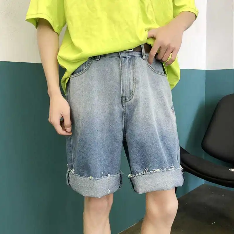 

Gradient Color Loose Half Man Denim Shorts Designer Cut Short Jeans Pants for Men Original Blue New In Retro Fashion Jorts Sale