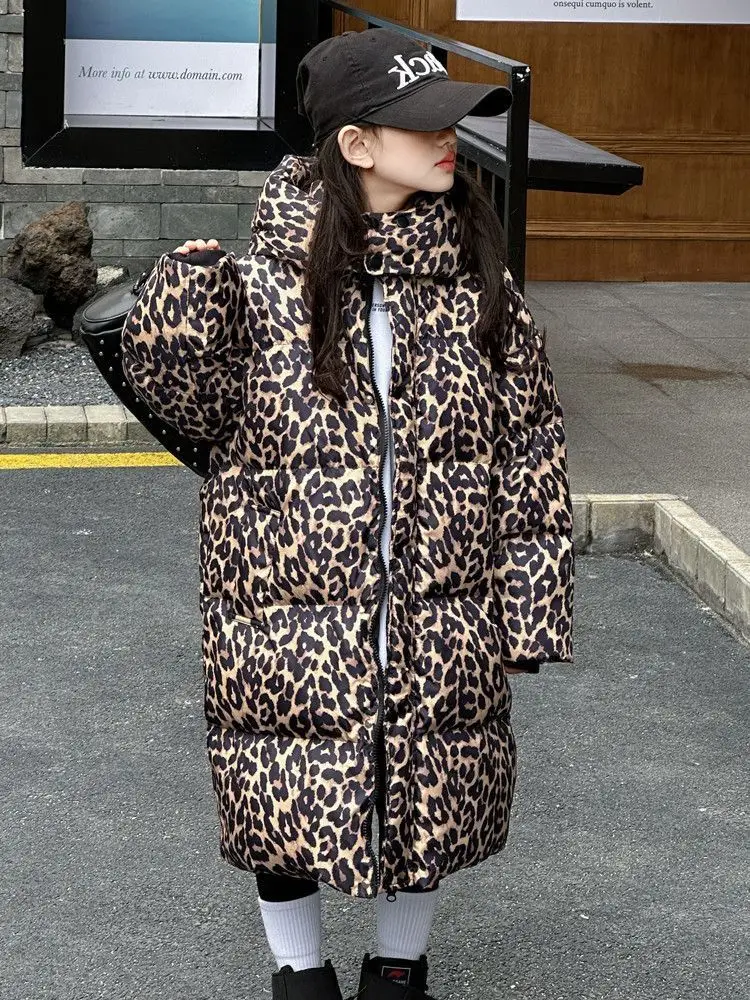 6-14Years Kids Winter Down Cotton Padded Overcoat for Girls leopard print Warm Hooded Jacket Teens Outwer Coat 7 8 9 10 11 12 13